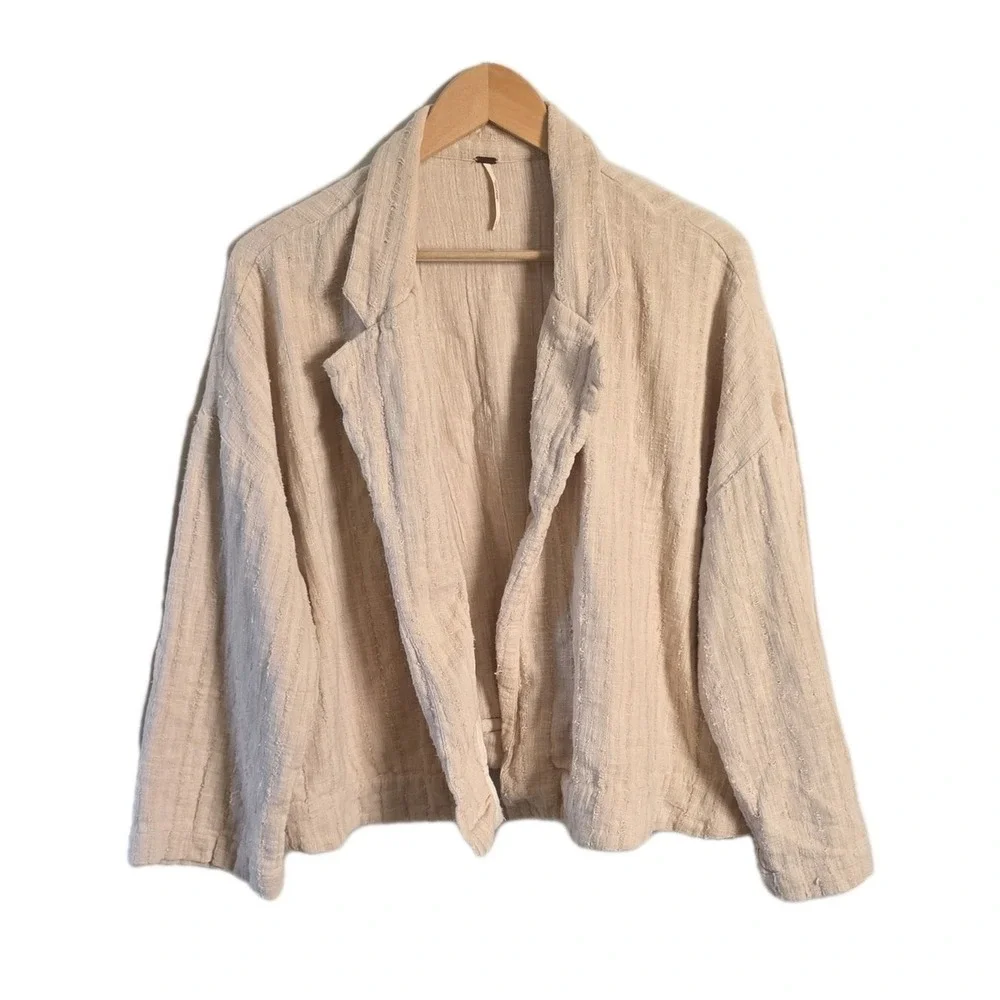Free People Womens Beige Open Front Textured Collared Jacket Size SMALL
